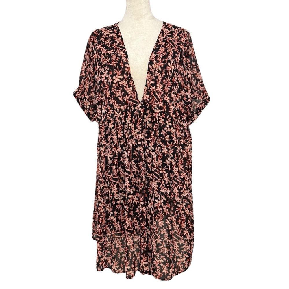 Free People Black Floral Babydoll Mini Dress Womens Size Large
